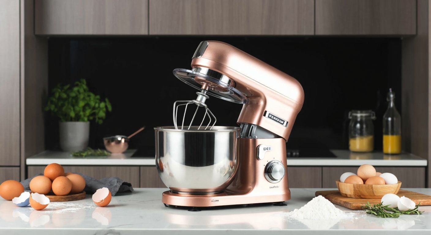 A sleek rose-gold stand mixer with a polished metal bowl sits on a marble countertop in a modern Turkish kitchen, surrounded by fresh ingredients like flour and eggs.