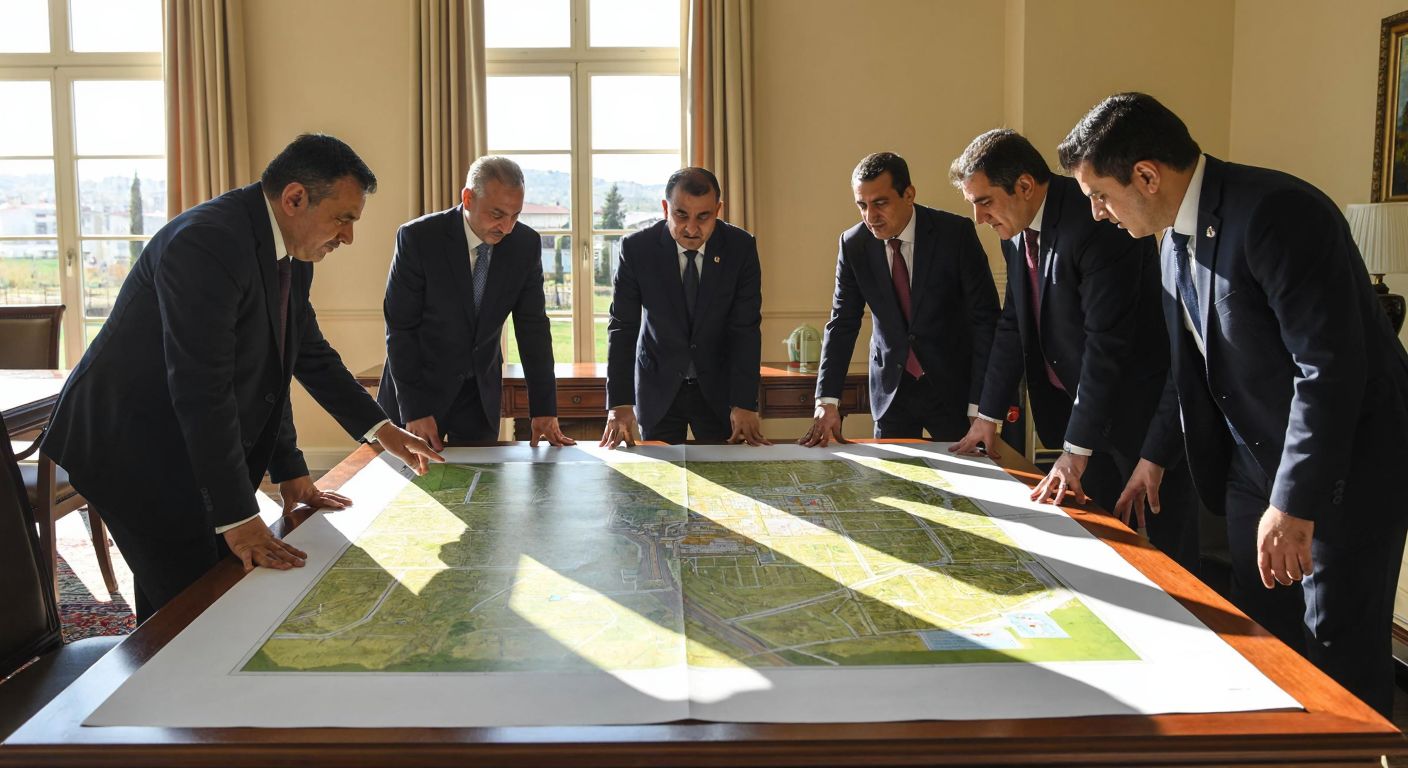 A group of Turkish people in formal attire stand around a large table in a sunlit government office, carefully examining a detailed land survey map of a property, with one person pointing to a section while others nod in agreement.