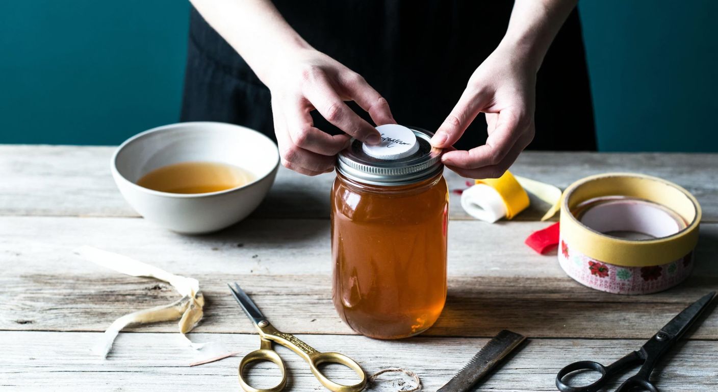A person’s hands carefully placing a homemade sticky label onto a clear 500ml glass jar filled with golden honey, surrounded by scattered crafting tools like scissors, a bowl of warm water, and a roll of tape on a rustic wooden table.