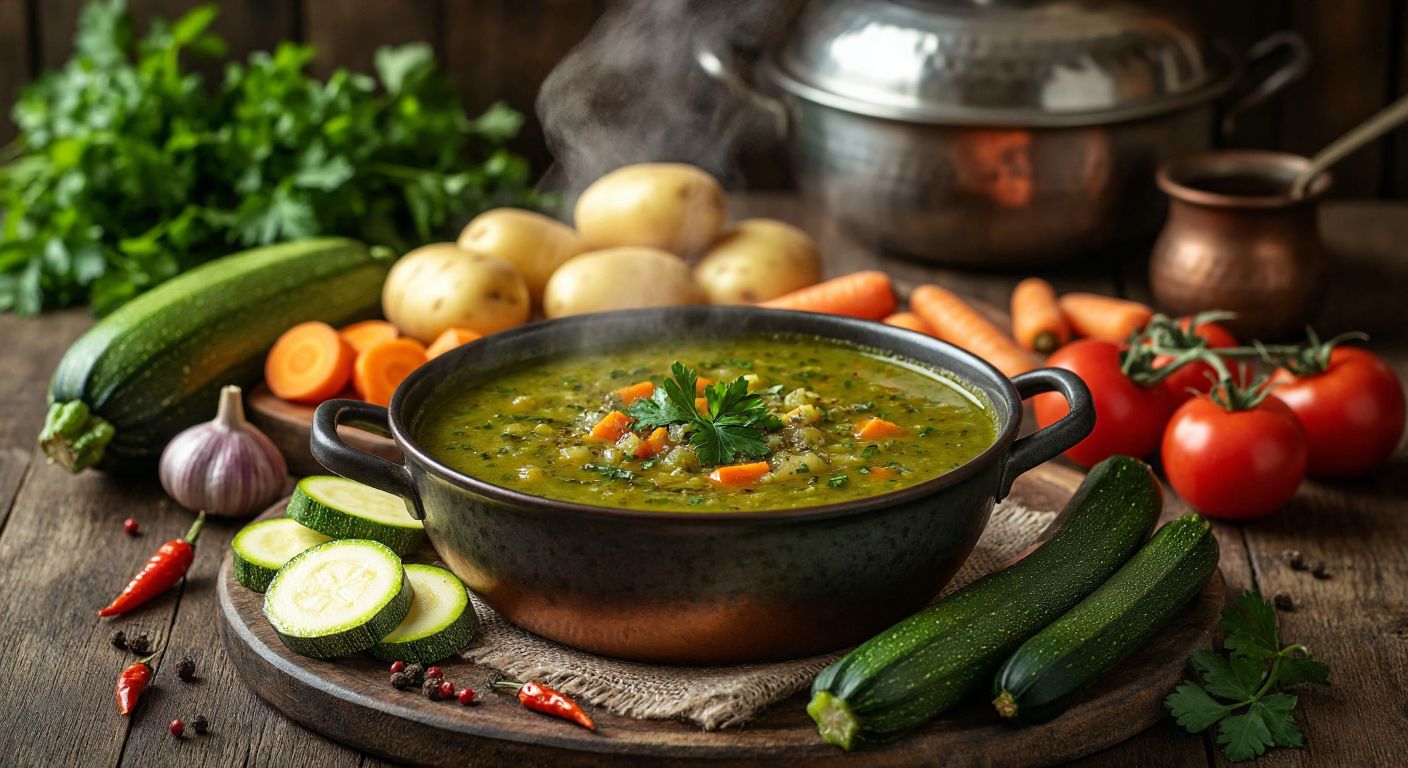A steaming bowl of vibrant green bostan çorbası, garnished with fresh herbs, sits on a rustic wooden table surrounded by chopped zucchini, carrots, potatoes, and tomatoes, with a warm Turkish kitchen in the background.