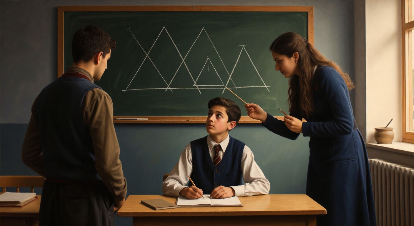 A puzzled student in a Turkish classroom gazes at a chalkboard displaying three hand-drawn triangles—one equilateral, one isosceles, and one scalene—while a teacher points to them with a wooden ruler.