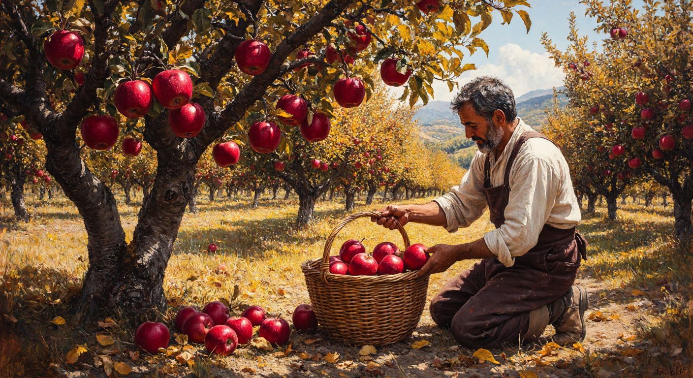 A sunlit Turkish orchard with ripe Scarlet Spur apples hanging from sturdy branches, a farmer in traditional attire carefully picking them into a woven basket, surrounded by golden autumn leaves.