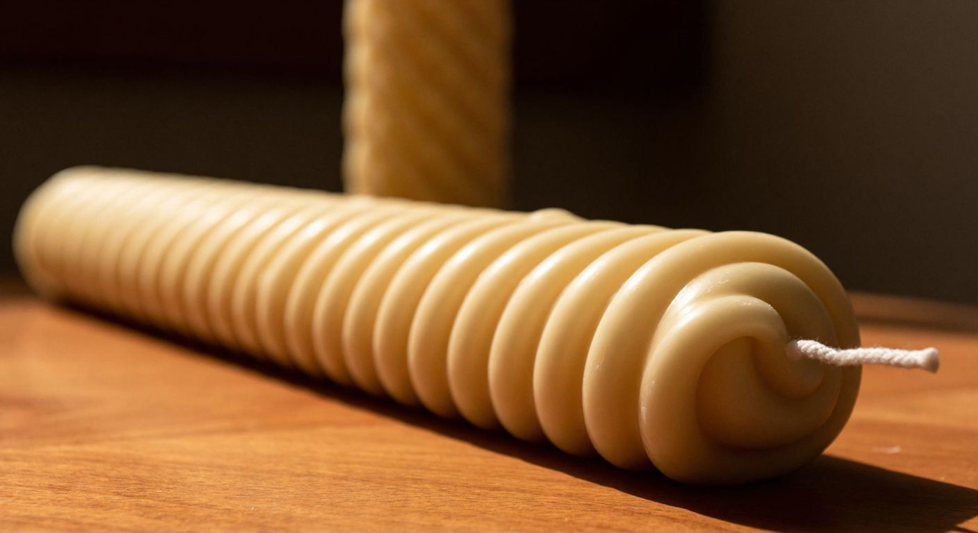 A close-up of a thick, coiled white candle wick resting on a wooden table next to a handmade beeswax candle in a warm, softly lit Turkish home.