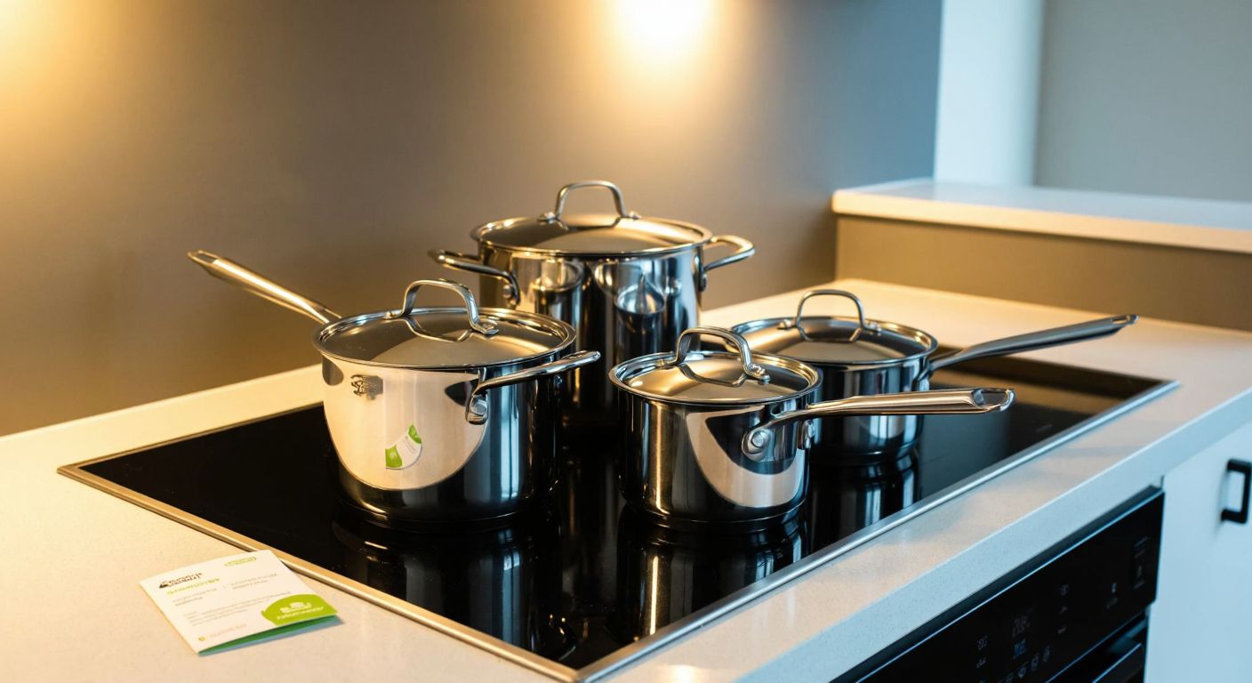 A gleaming stainless steel pot set arranged neatly on a modern kitchen counter, with a small folded warranty card tucked beside it, reflecting warm light from a nearby window.