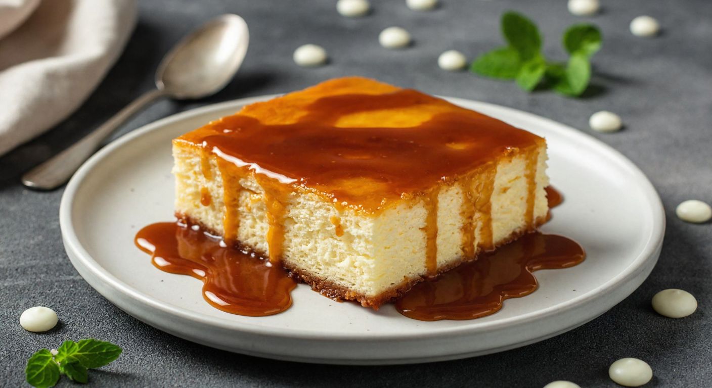 A golden-brown slice of trileçe drizzled with caramel sauce sits on a white plate, surrounded by scattered milk droplets and a spoon resting nearby, evoking indulgence and sweetness.