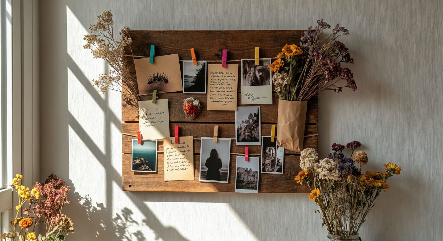 A rustic wooden board with colorful clothespins holding a mix of printed photos, handwritten notes, and dried flowers, mounted on a cozy Turkish home's sunlit wall.