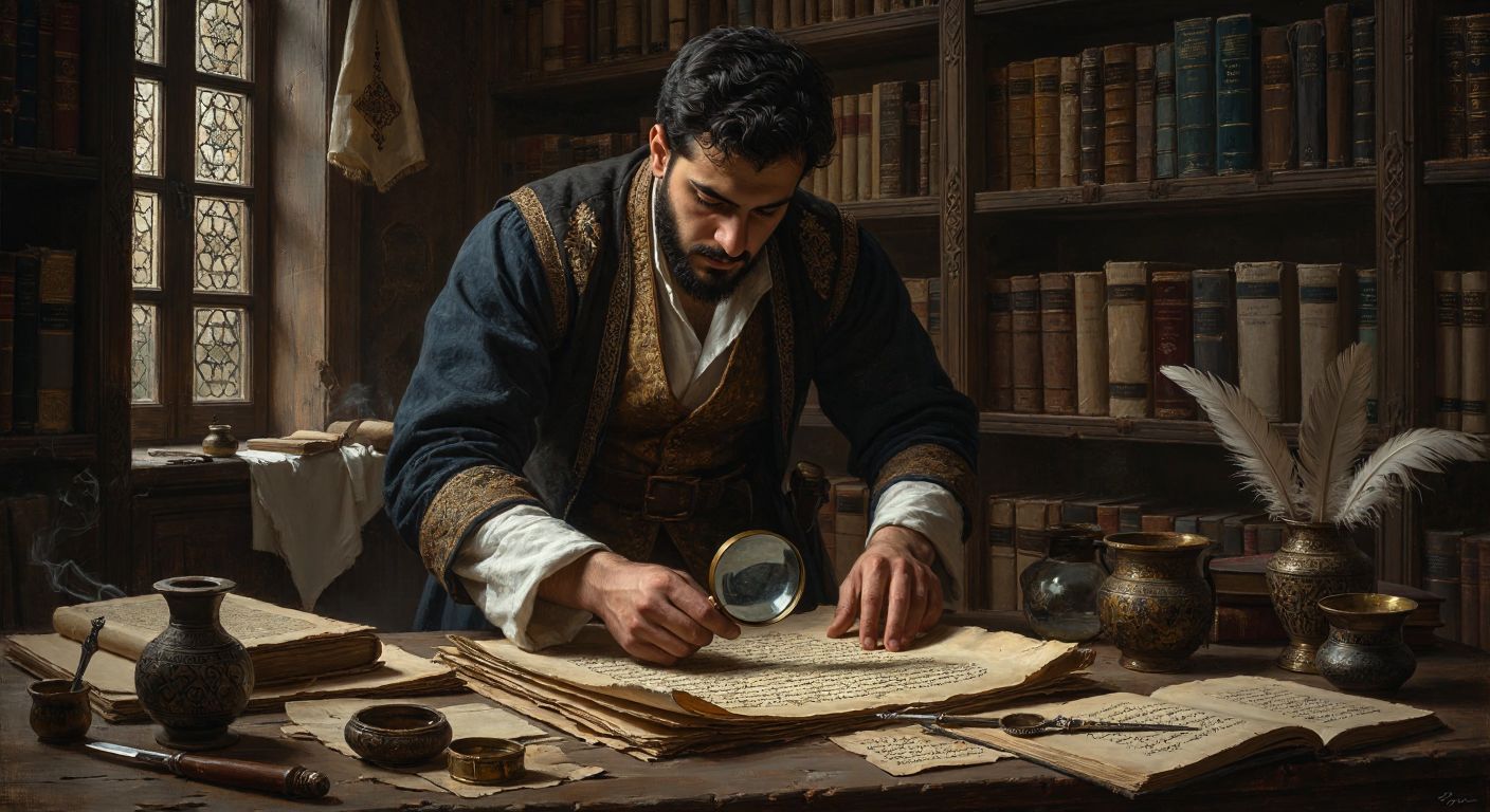 A focused scholar in a dimly lit Ottoman-era library carefully examines an ancient manuscript with a magnifying glass, surrounded by scattered parchments, inkwells, and quills.