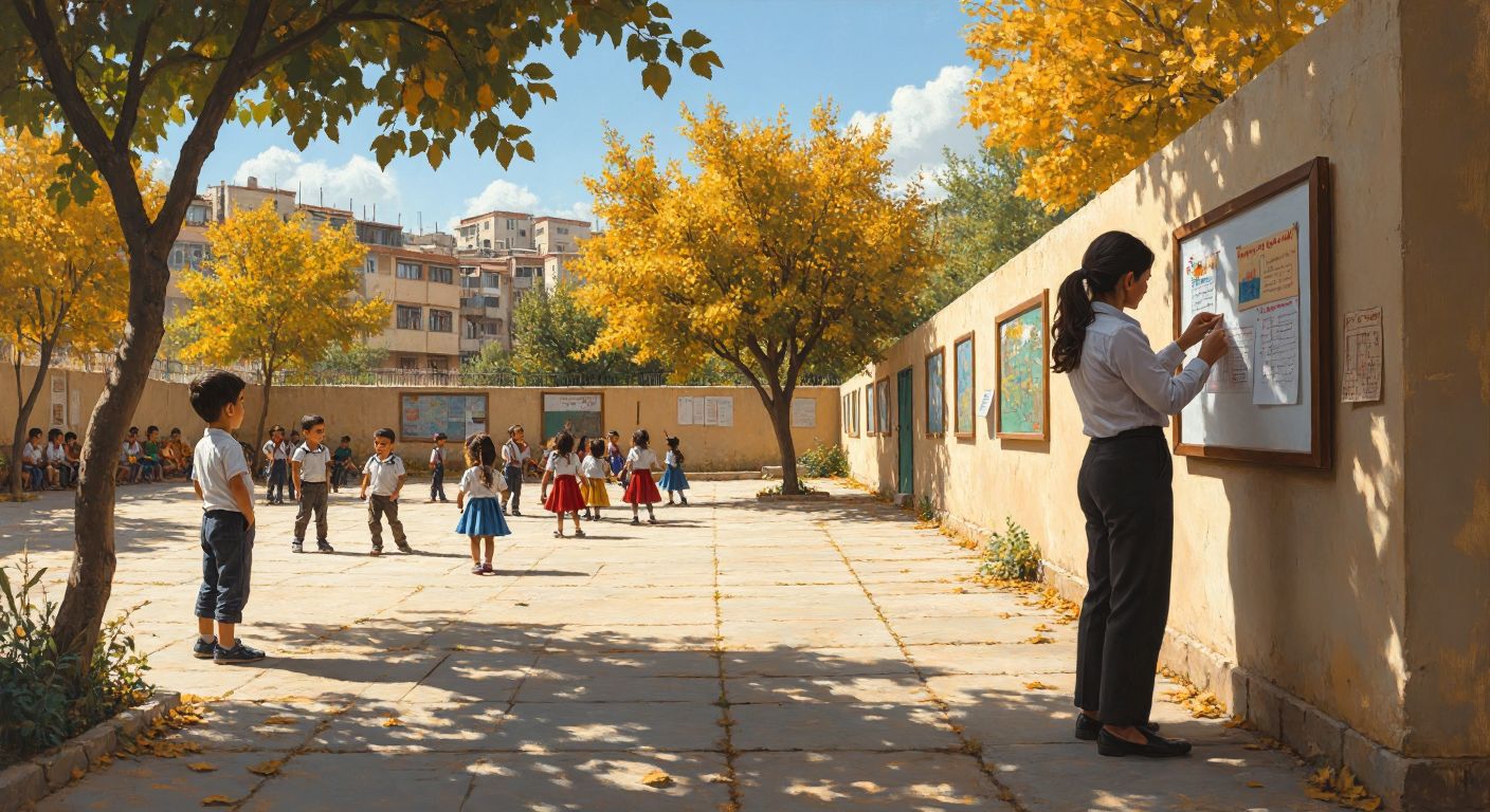 A sunny schoolyard in Gaziantep with children playing outside, while a teacher checks a noticeboard for official announcements, reflecting curiosity and anticipation.