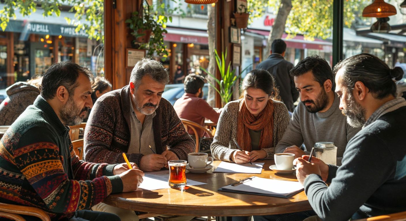 A diverse group of Turkish adults in casual attire filling out paper surveys at a sunlit café table, with expressions ranging from thoughtful to confident, surrounded by steaming cups of çay and a clipboard with blank forms.
