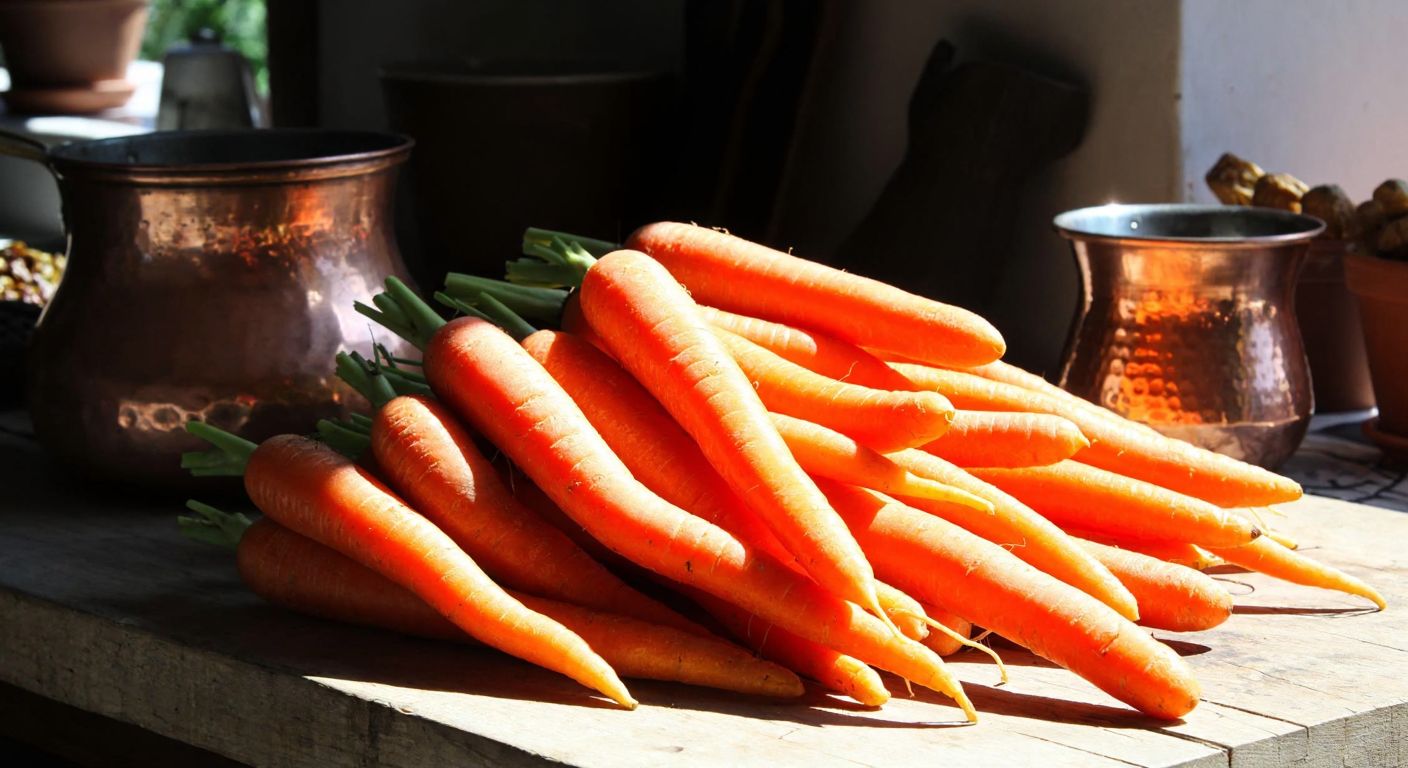 A vibrant pile of fresh orange carrots on a rustic wooden table in a sunlit Turkish kitchen, with a traditional copper pot nearby.