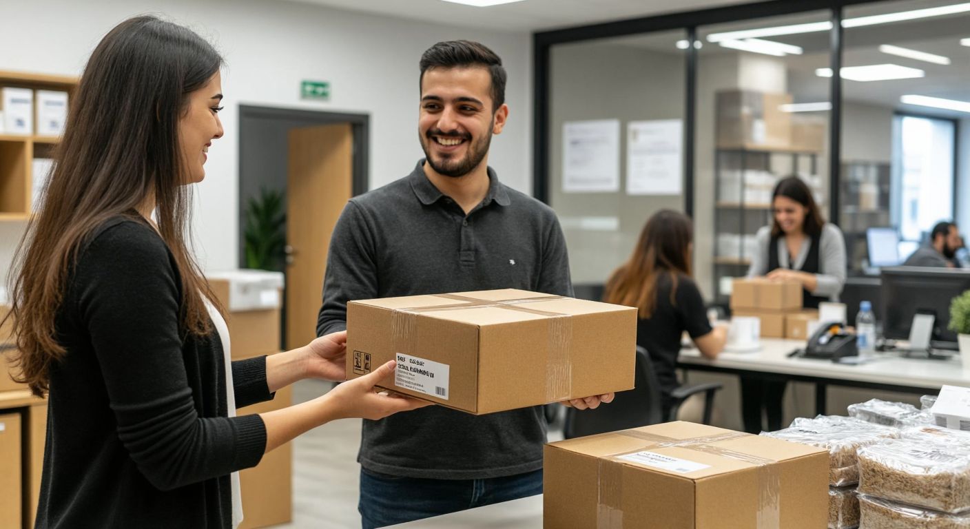 A neatly packaged box with a return label being handed over at a busy shipping office in Istanbul, with a customer and a clerk exchanging smiles.