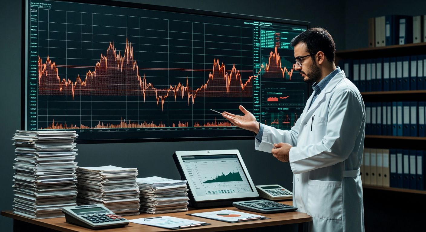 A Turkish scientist in a lab coat stands beside a seismograph needle tracing jagged lines, while a graph showing exponential growth curves upward in the background, surrounded by stacks of data files and a calculator.