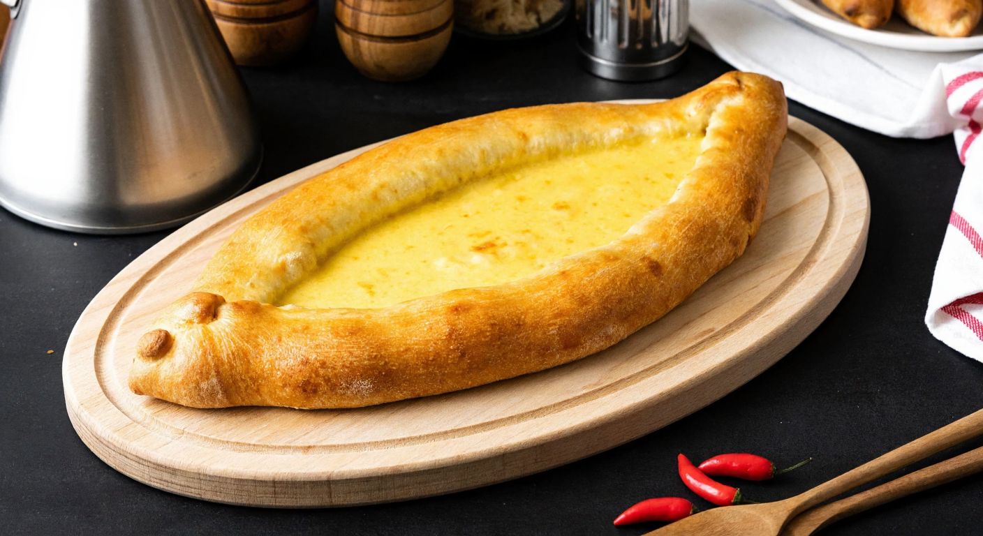 A golden-brown Samsun pide, freshly baked with a fluffy, yeasted dough, resting on a traditional wooden tray in a cozy Turkish kitchen.