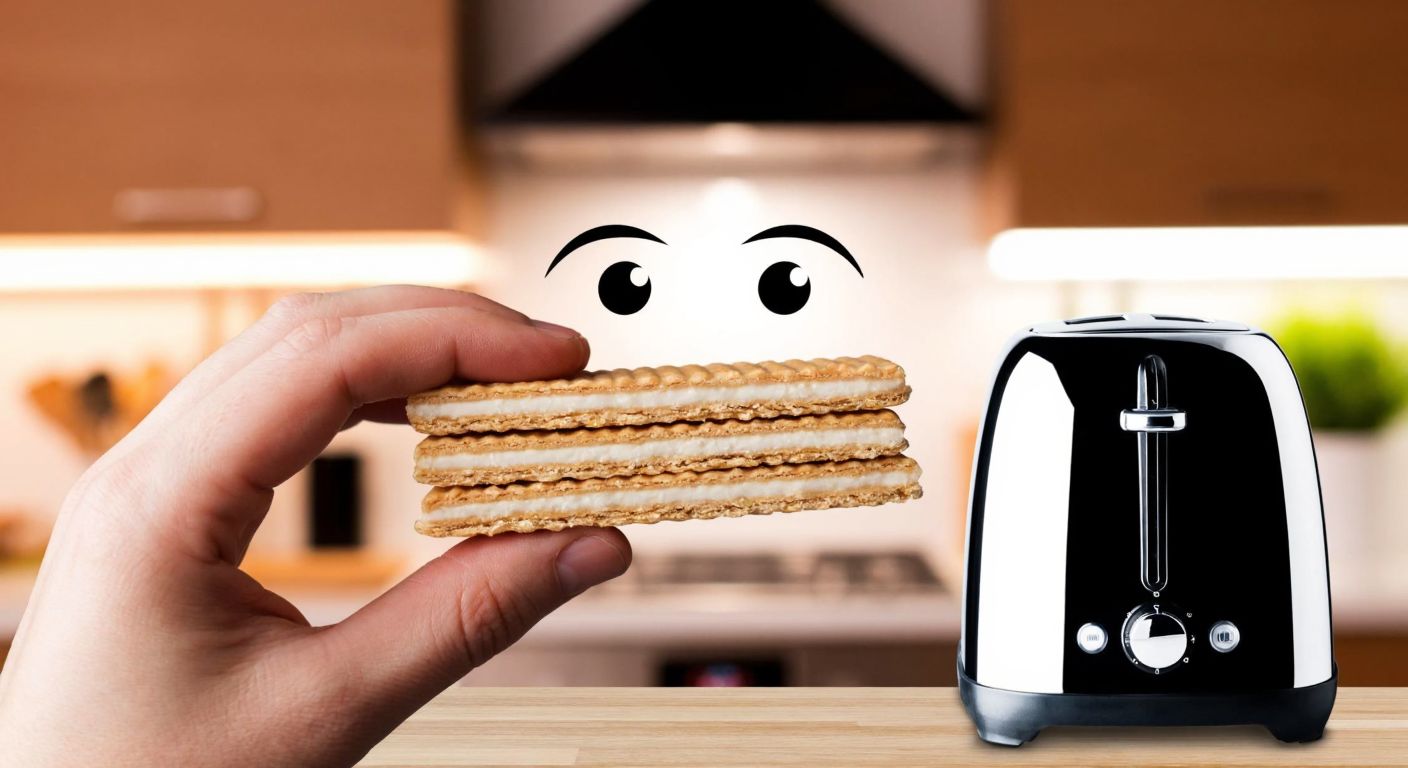 A hand holding a thin, layered coconut wafer biscuit (Ülker 9 Kat Tat) against a blurred kitchen backdrop, with a concerned facial expression subtly reflected in a shiny toaster nearby.