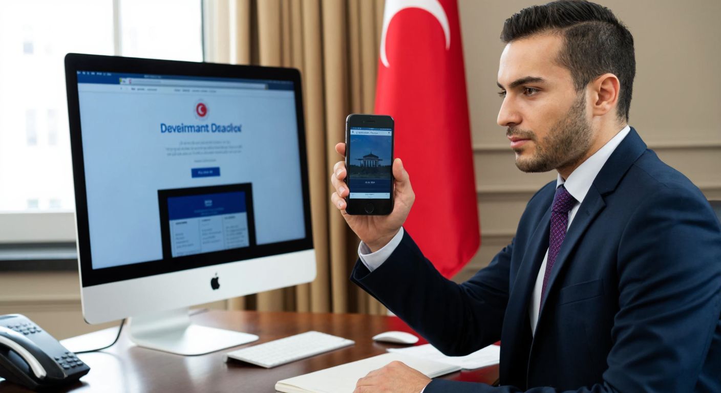 A determined Turkish businessperson in a formal office setting, holding a smartphone displaying a government website, with a desktop computer open to an e-Devlet login page in the background.
