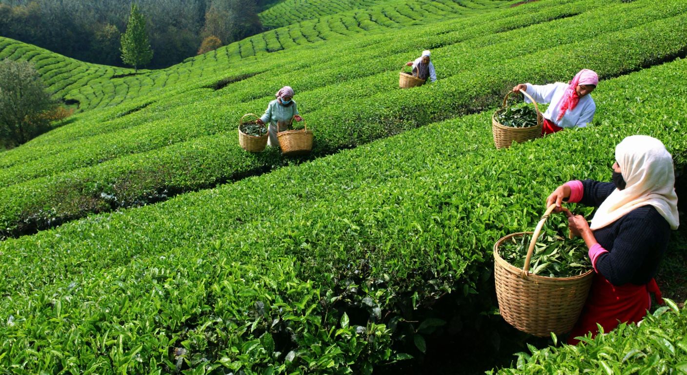 A lush green tea plantation in Turkey’s rolling hills, with workers in traditional attire harvesting fresh tea leaves under the sun, their woven baskets filled to the brim.