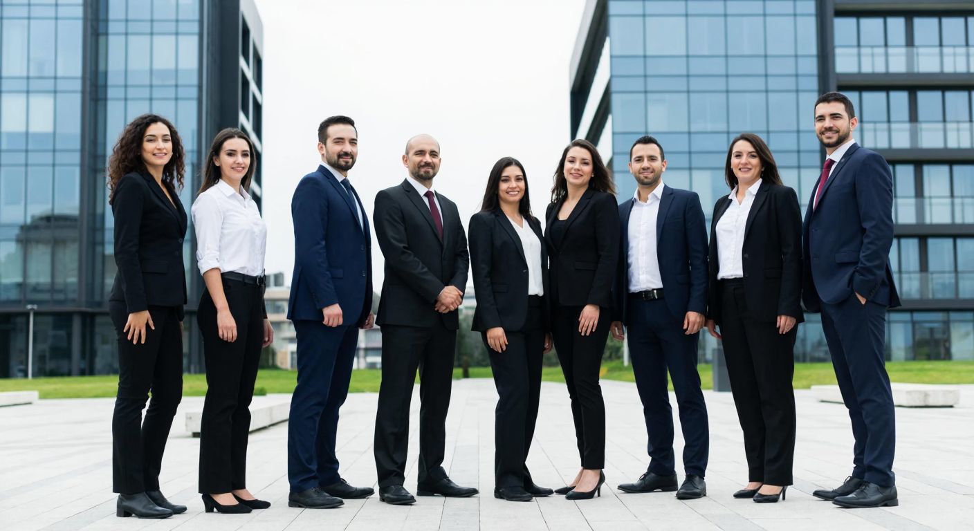 A group of diverse businesspeople in formal attire standing together in front of a modern office building in Turkey, symbolizing unity and collaboration among insurance companies under TSB.