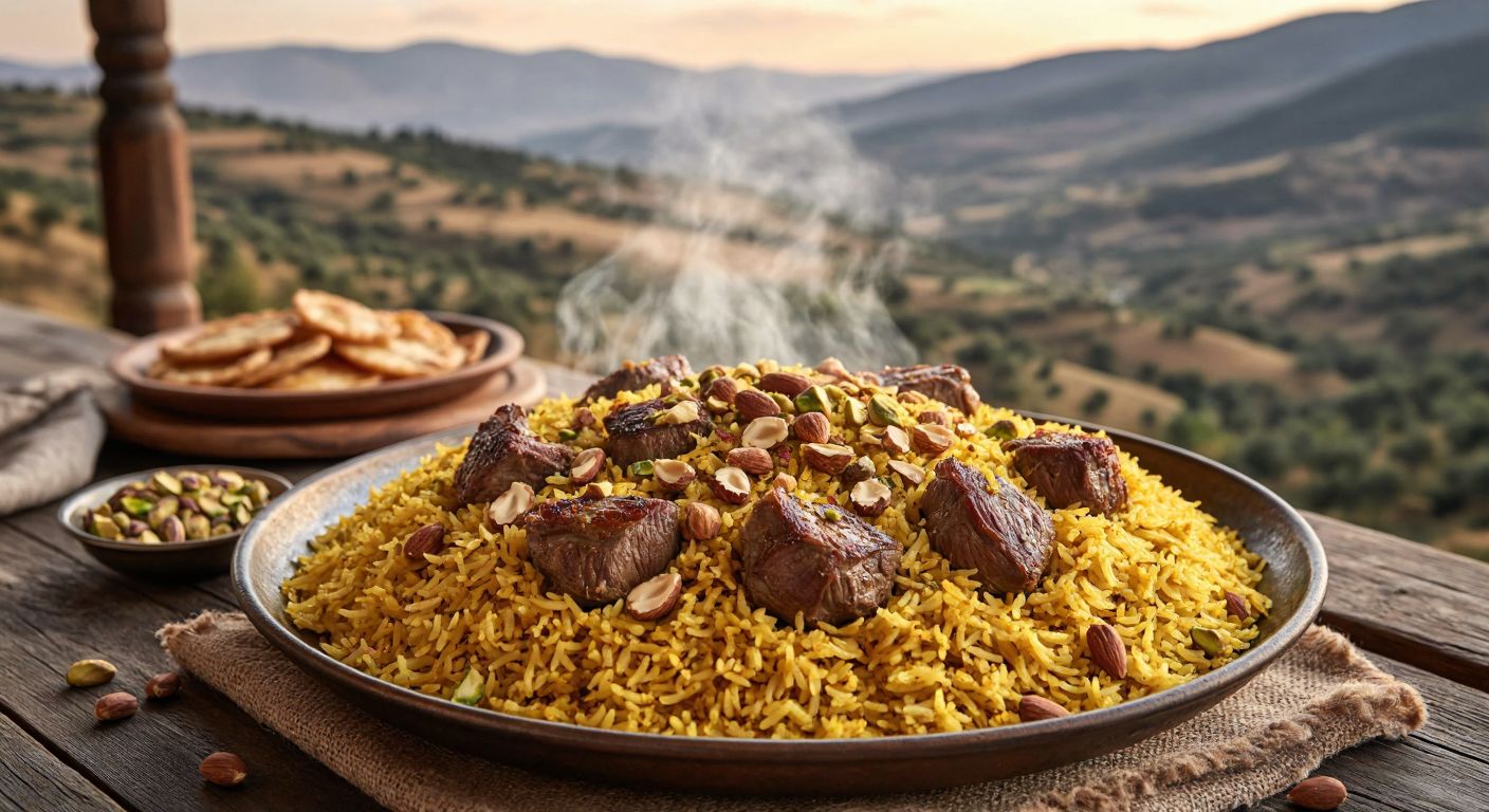 A steaming plate of golden saffron-infused rice with tender lamb pieces, garnished with toasted almonds and pistachios, set against a rustic wooden table in a cozy Kahramanmaraş home, with a backdrop of rolling Anatolian hills.