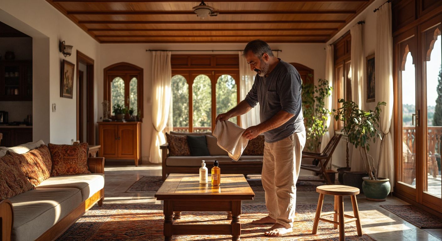 A warm, sunlit Turkish living room with a polished wooden suspended ceiling, where a middle-aged man in casual attire carefully wipes the wood with a soft cloth while a small bottle of protective oil sits nearby on a wooden stool.