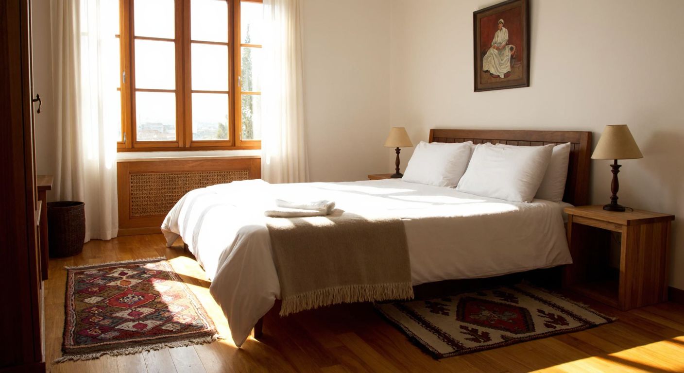 A cozy double bed with crisp white sheets in a sunlit Turkish bedroom, flanked by two fluffy pillows and a woven kilim rug on the wooden floor.