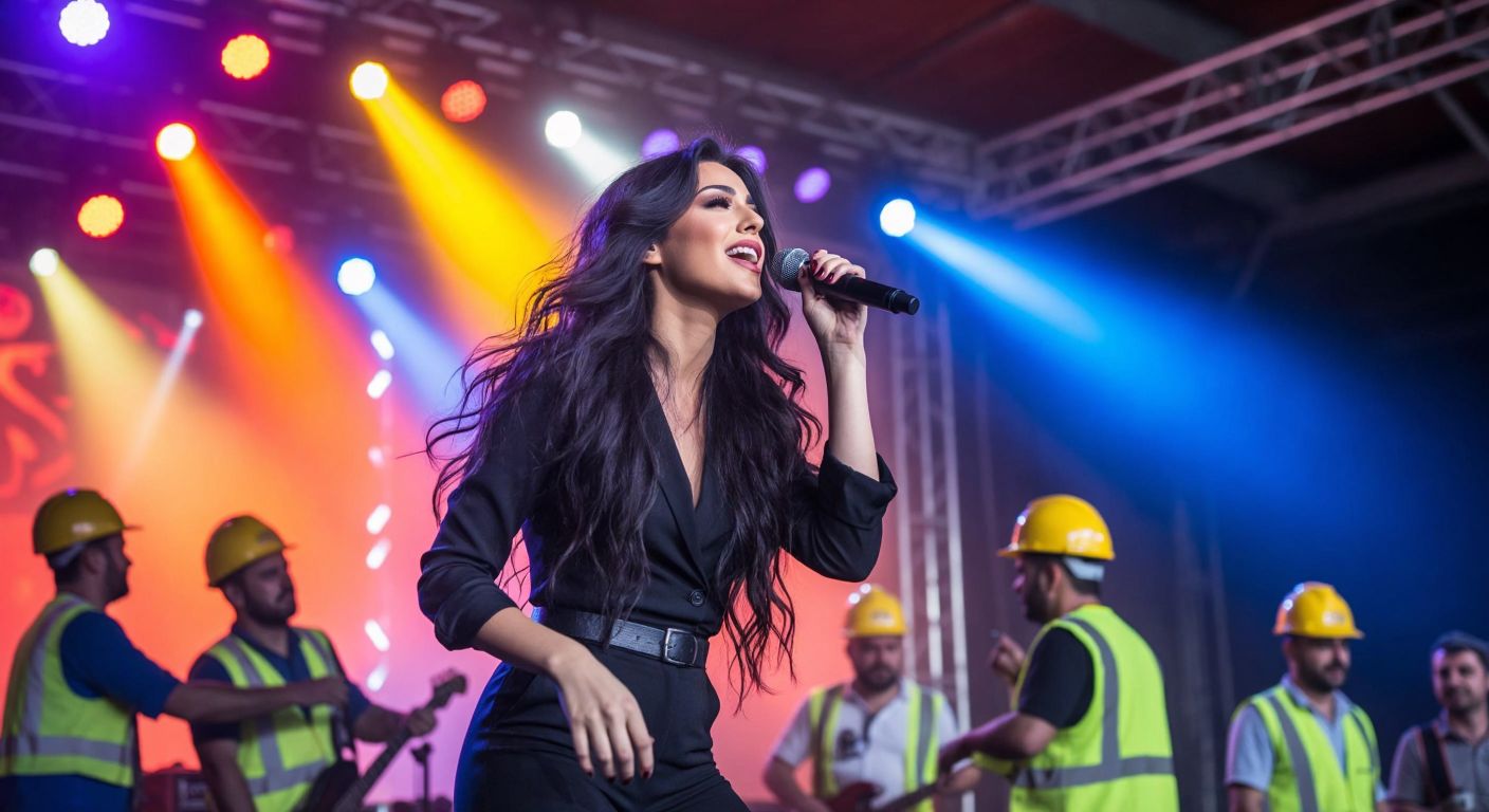 A vibrant Turkish pop singer with long dark hair performs on a stage under colorful lights, while in the background, a construction site in Erzurum with workers in hard hats symbolizes the engineering company.