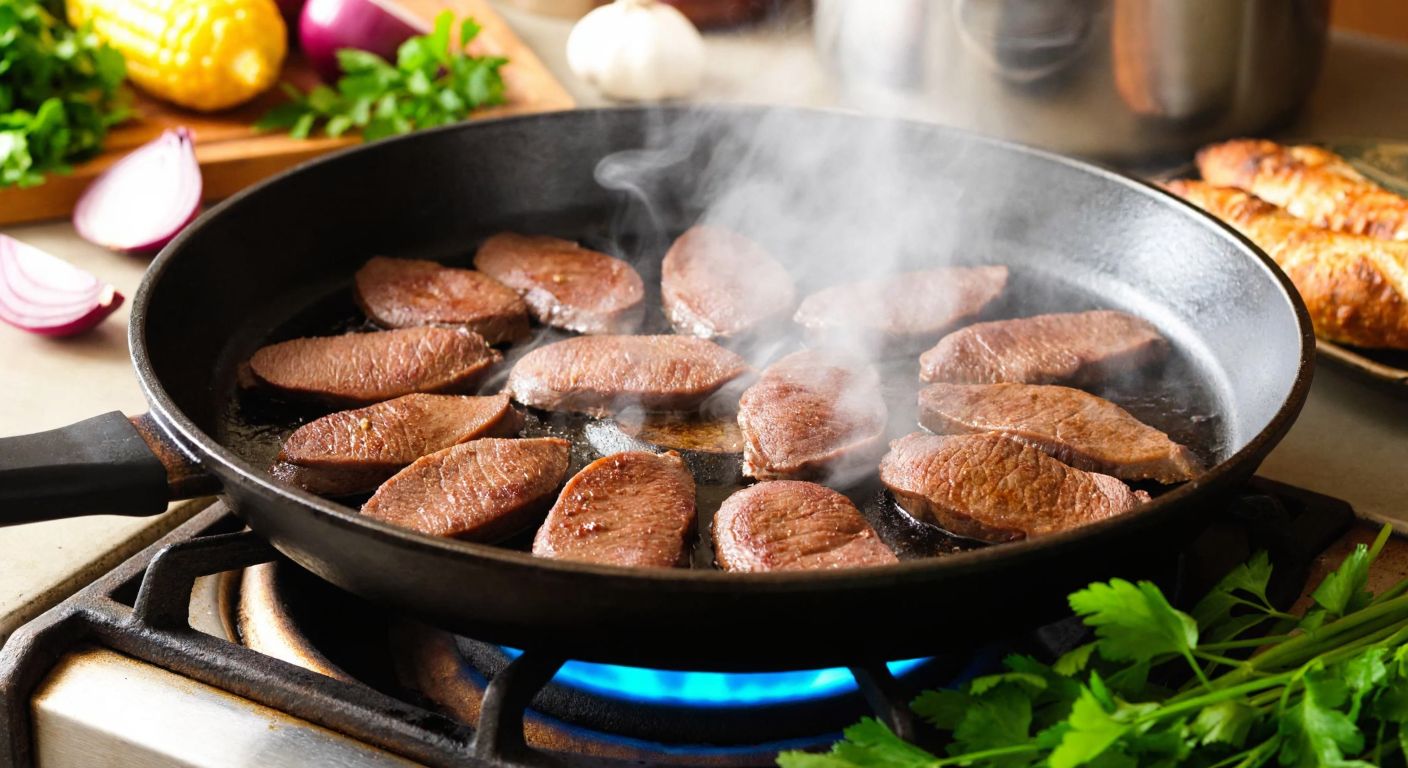 A sizzling cast-iron skillet with golden-brown liver slices, steam rising, set on a rustic stovetop in a Turkish kitchen, surrounded by fresh herbs and sliced onions.