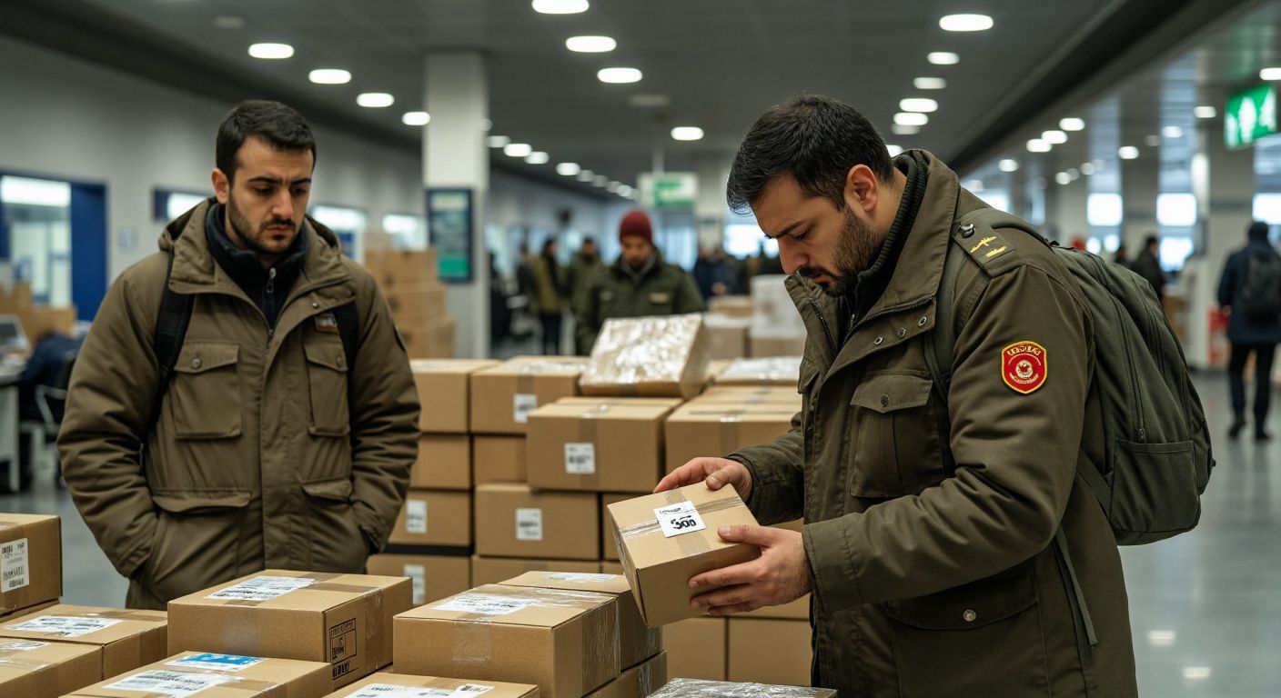 A stern customs officer in a Turkish customs office inspects a package with a price tag over 30 euros, while a frustrated traveler waits nearby with a stack of unopened boxes.