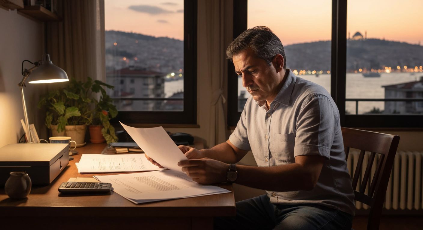 A determined middle-aged Turkish man in a button-up shirt sits at a wooden desk in a modest Istanbul apartment, carefully filling out an online form on a laptop while holding property documents, with the Bosphorus visible through the window.