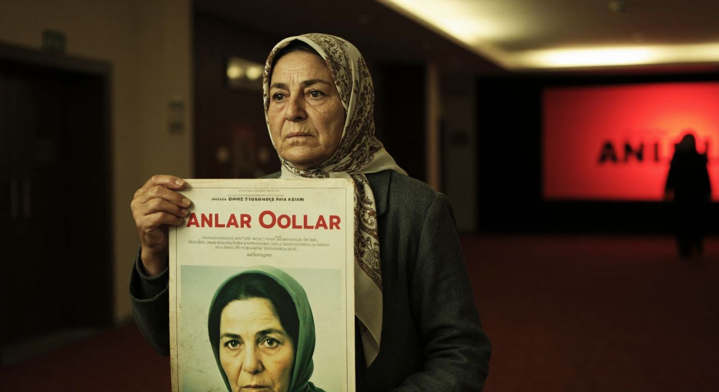 A determined elderly Turkish woman in a traditional headscarf stands in a dimly lit cinema lobby, clutching a faded movie poster for *Zübeyde, Analar ve Oğullar*, her expression a mix of hope and disappointment.