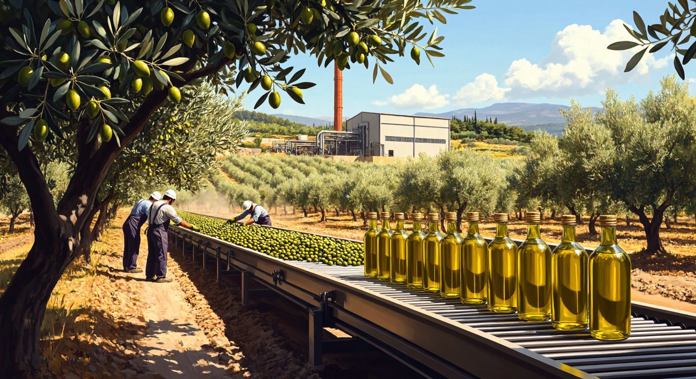 A sunlit olive grove in Turkey with workers harvesting olives, while in the background, a modern factory processes the olives into golden olive oil bottles lined up on a conveyor belt.