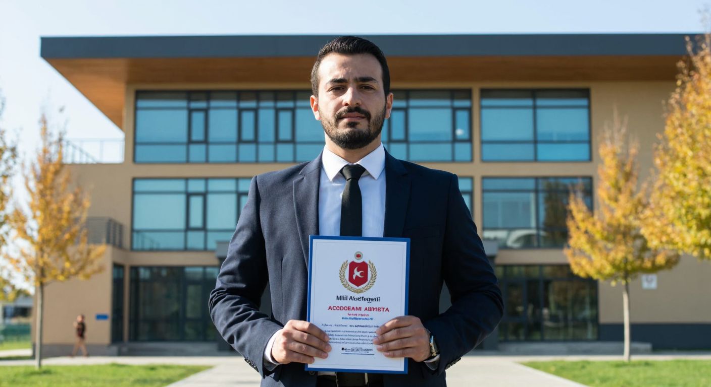 A determined Turkish teacher in a formal suit stands confidently in front of a modern school building, holding a diploma from the Milli Eğitim Akademisi, with a proud and focused expression.
