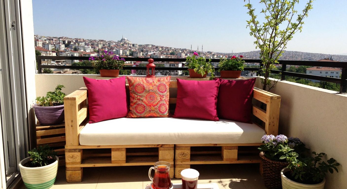 A cozy wooden pallet couch with colorful cushions sits on a sunlit balcony overlooking a Turkish cityscape, surrounded by potted plants and a steaming cup of çay.