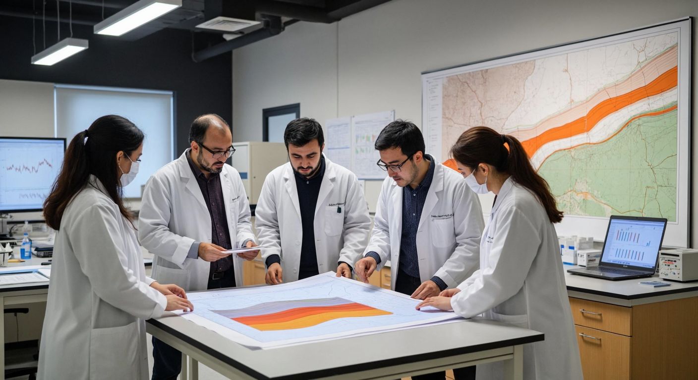 A group of Turkish and Japanese scientists in lab coats examining seismic data together in a university research lab, with a backdrop of earthquake-resistant building models and geological maps of fault lines.