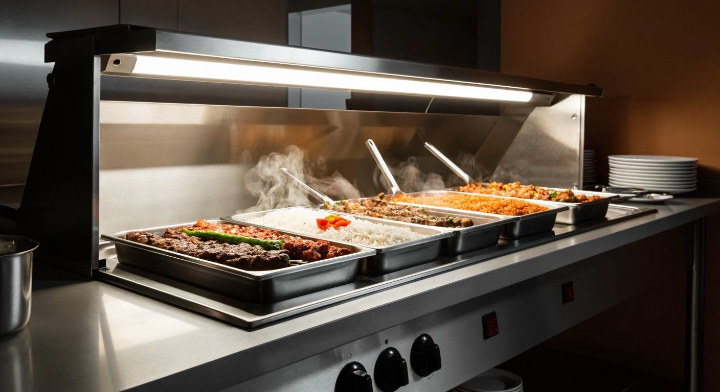 A stainless steel food warmer unit with steaming trays of Turkish dishes like kebabs and rice, gently emitting warmth under soft kitchen lighting.