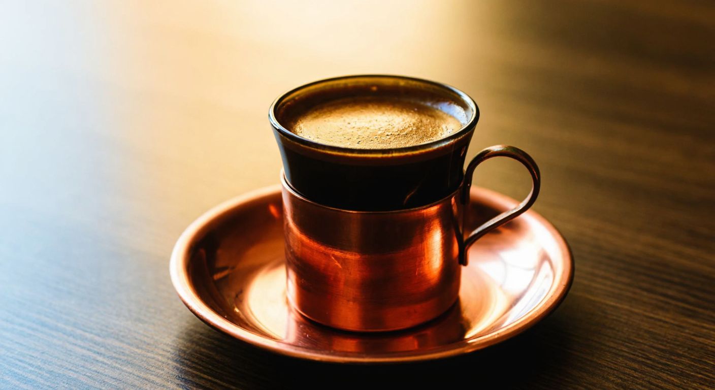 A steaming cup of rich Turkish coffee on a small copper tray, placed on a wooden table with a warm, golden light reflecting off its surface.