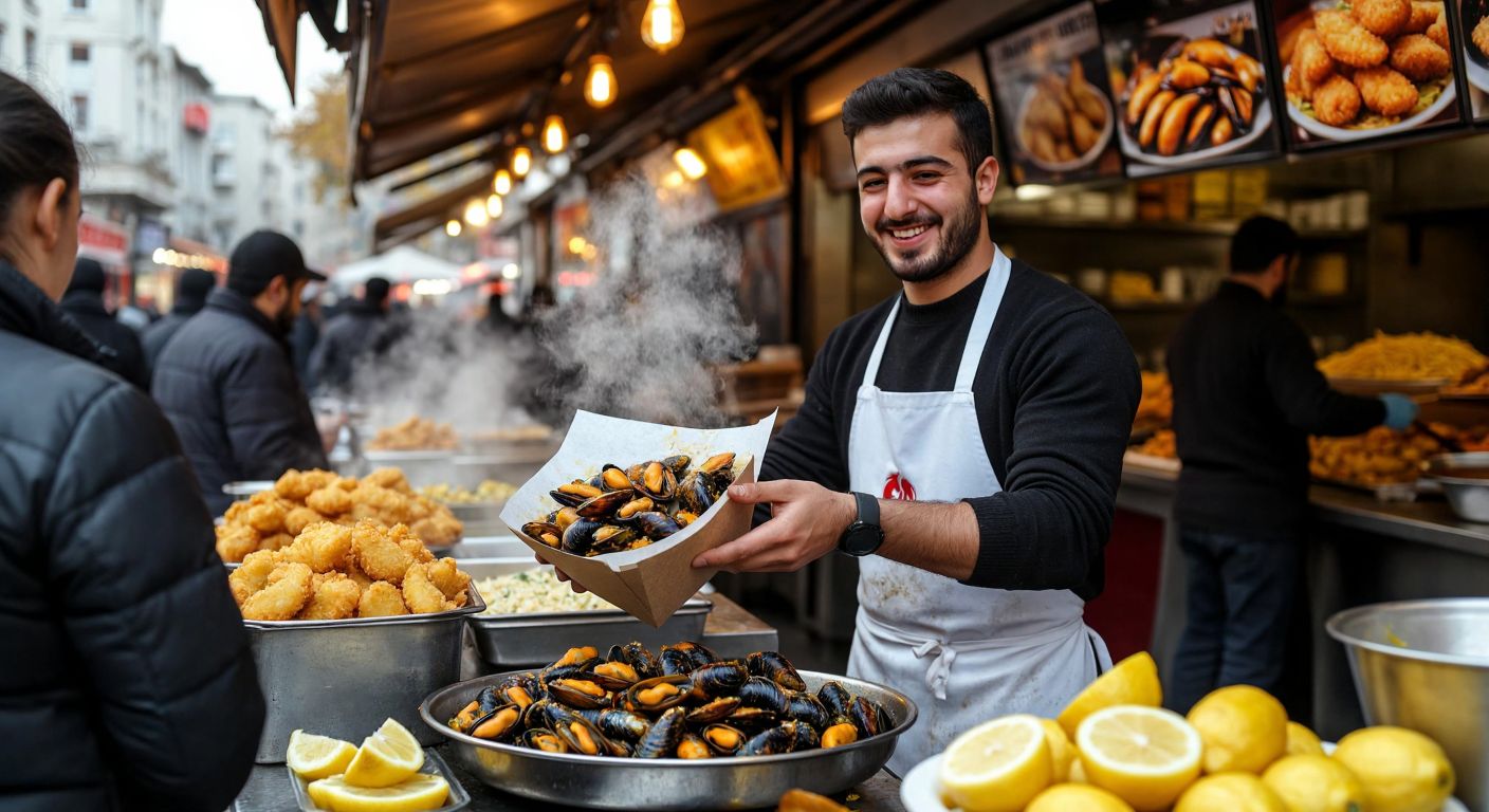 A bustling street food stall in Turkey with a cheerful vendor in a white apron handing a steaming paper cone filled with golden-fried mussels to a customer, surrounded by the aroma of garlic sauce and lemon wedges.