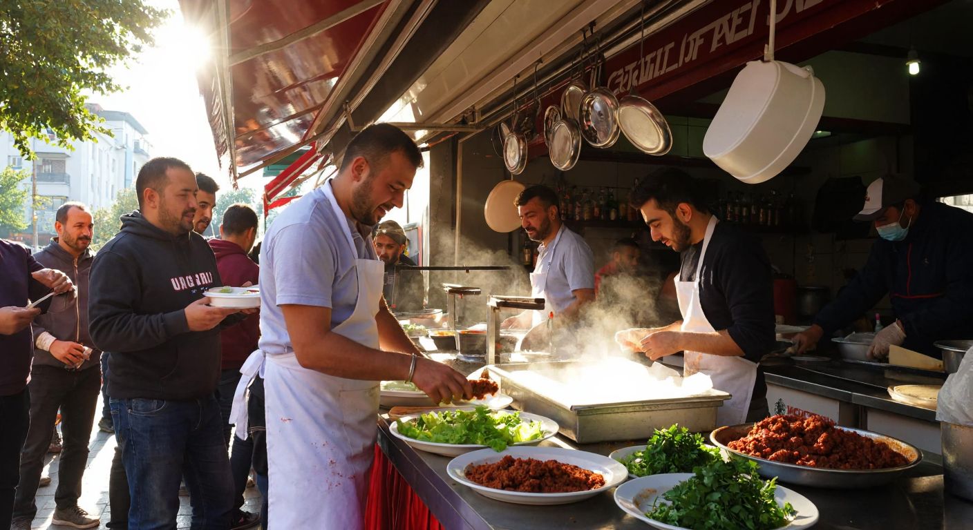 A bustling Turkish street food stall in Samsun, with a vendor in a white apron shaping fresh çiğ köfte, surrounded by eager customers holding plates and smiling under warm sunlight.