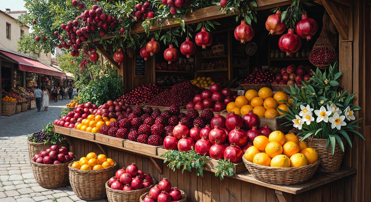 A vibrant wooden market stall in Turkey overflows with ruby-red pomegranates, glossy nectarines, fragrant mint sprigs, and bright citrus fruits, while delicate narcissus and water lilies peek from woven baskets nearby.