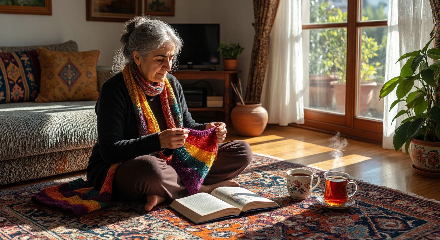 A middle-aged Turkish woman sits comfortably on a patterned rug in her sunlit living room, knitting a colorful scarf while a steaming cup of çay rests beside her, with an open novel and a yoga mat visible in the background.