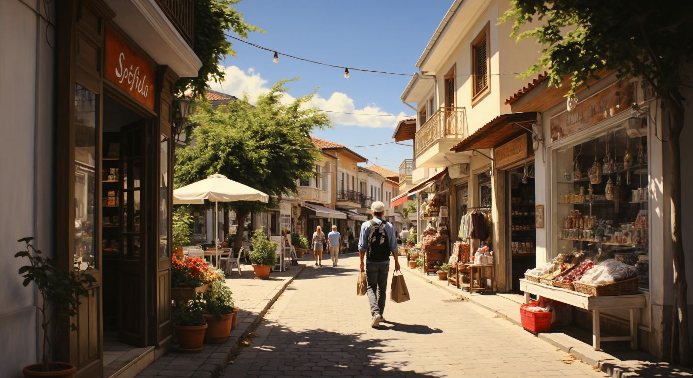 A sunlit street in Seferihisar with small local shops and a few modern buildings, where a curious visitor stands looking around with mild surprise, holding a shopping bag.