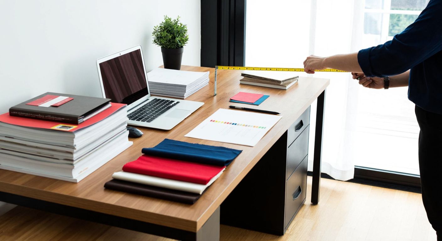 A well-lit Turkish home office with a sleek wooden desk, neatly organized with a laptop, stacked files, and a small potted plant, while a person measures the desk's height with a tape measure, surrounded by colorful fabric swatches and material samples.