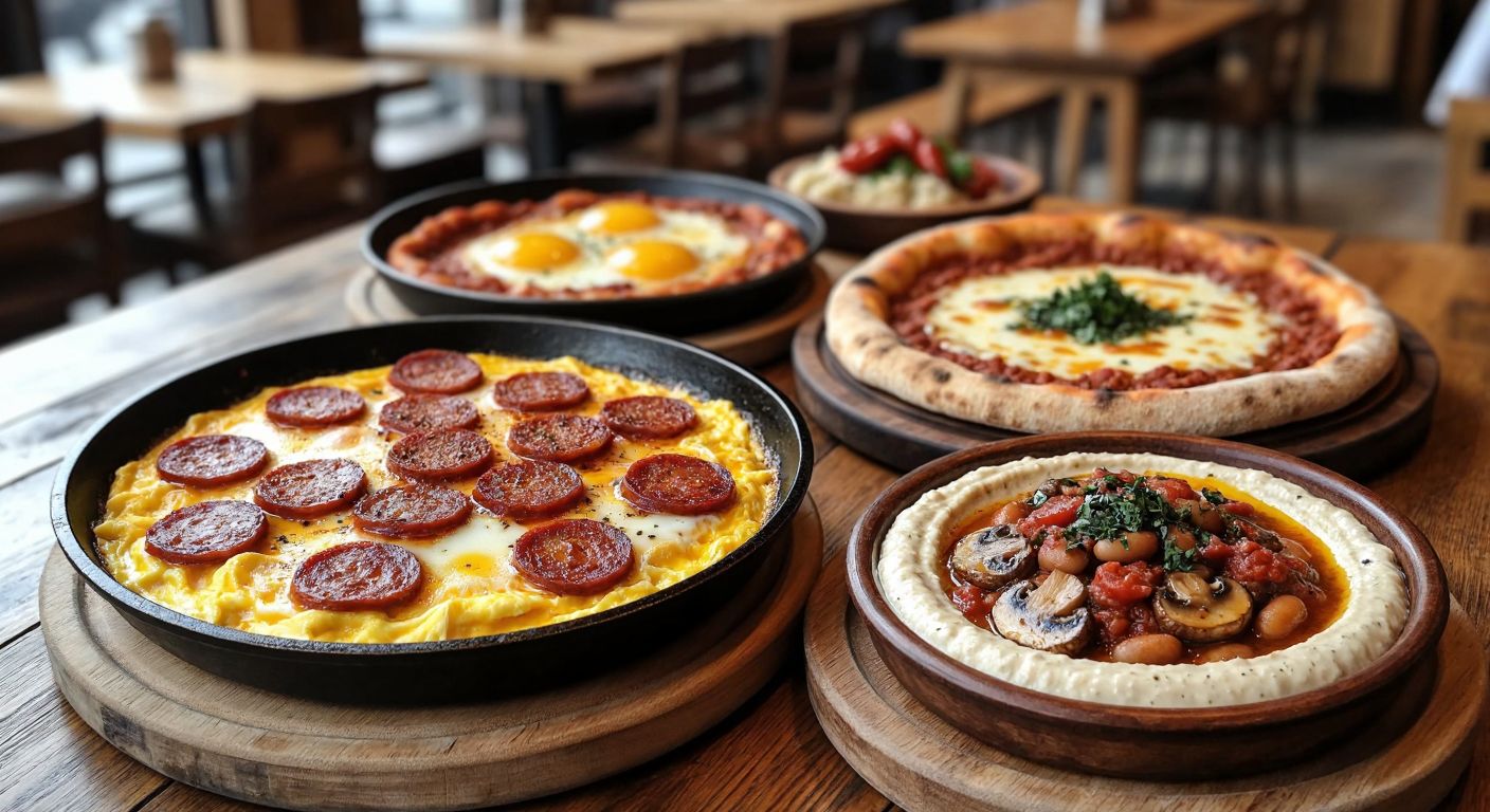 A rustic wooden table in a Turkish kitchen holds a sizzling pan of golden scrambled eggs with crispy sucuk slices, a steaming bowl of rich bean stew topped with sucuk, a freshly baked pide loaded with melted cheese and sucuk, a sautéed mushroom and sucuk dish with aromatic spices, and a creamy hummus plate garnished with sucuk and halloumi, evoking warmth and hearty flavors.