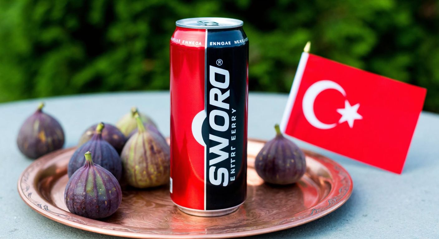 A vibrant red and black can of Sword energy drink placed on a traditional Turkish copper tray, surrounded by fresh figs and a small Turkish flag in the background.