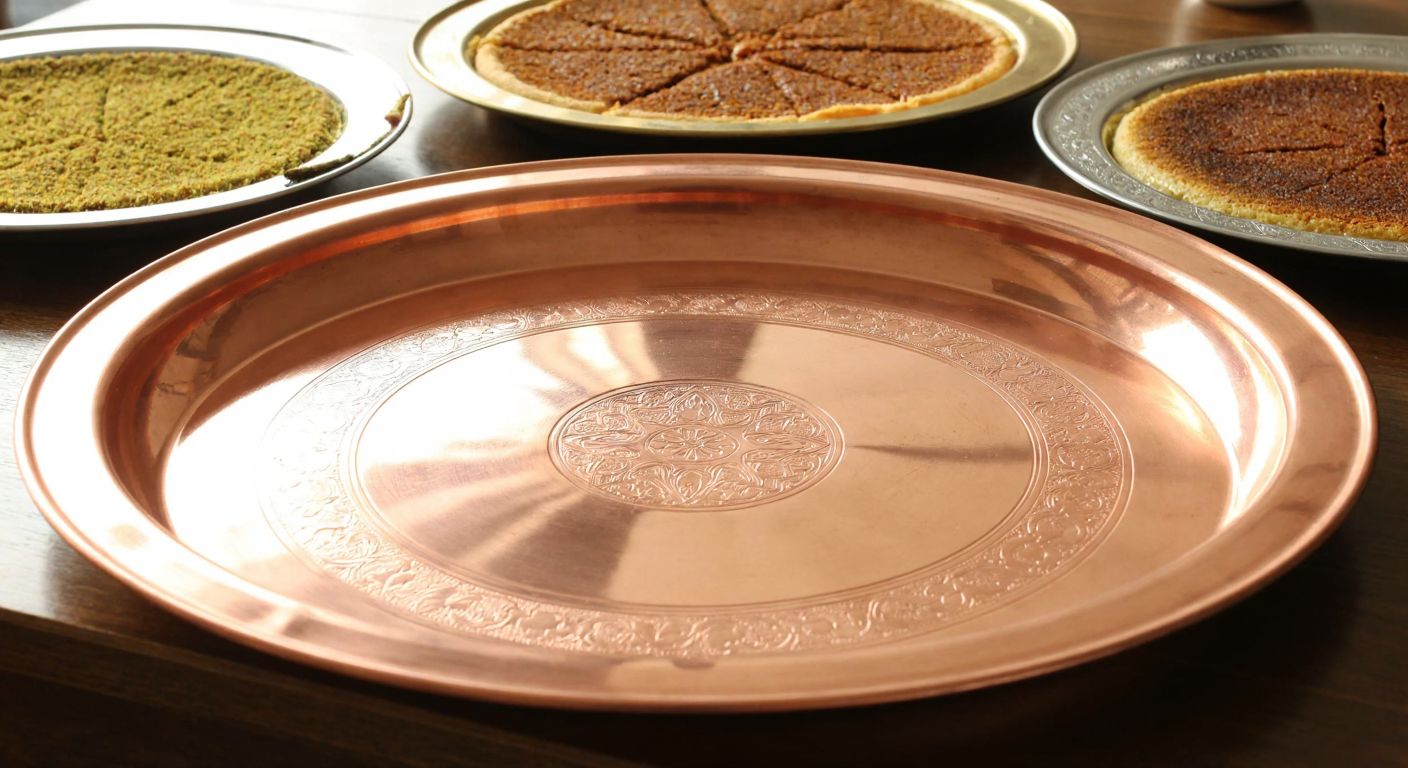 A polished copper tray with intricate engravings, placed on a wooden table surrounded by traditional Turkish desserts like künefe, with warm sunlight reflecting off its surface.