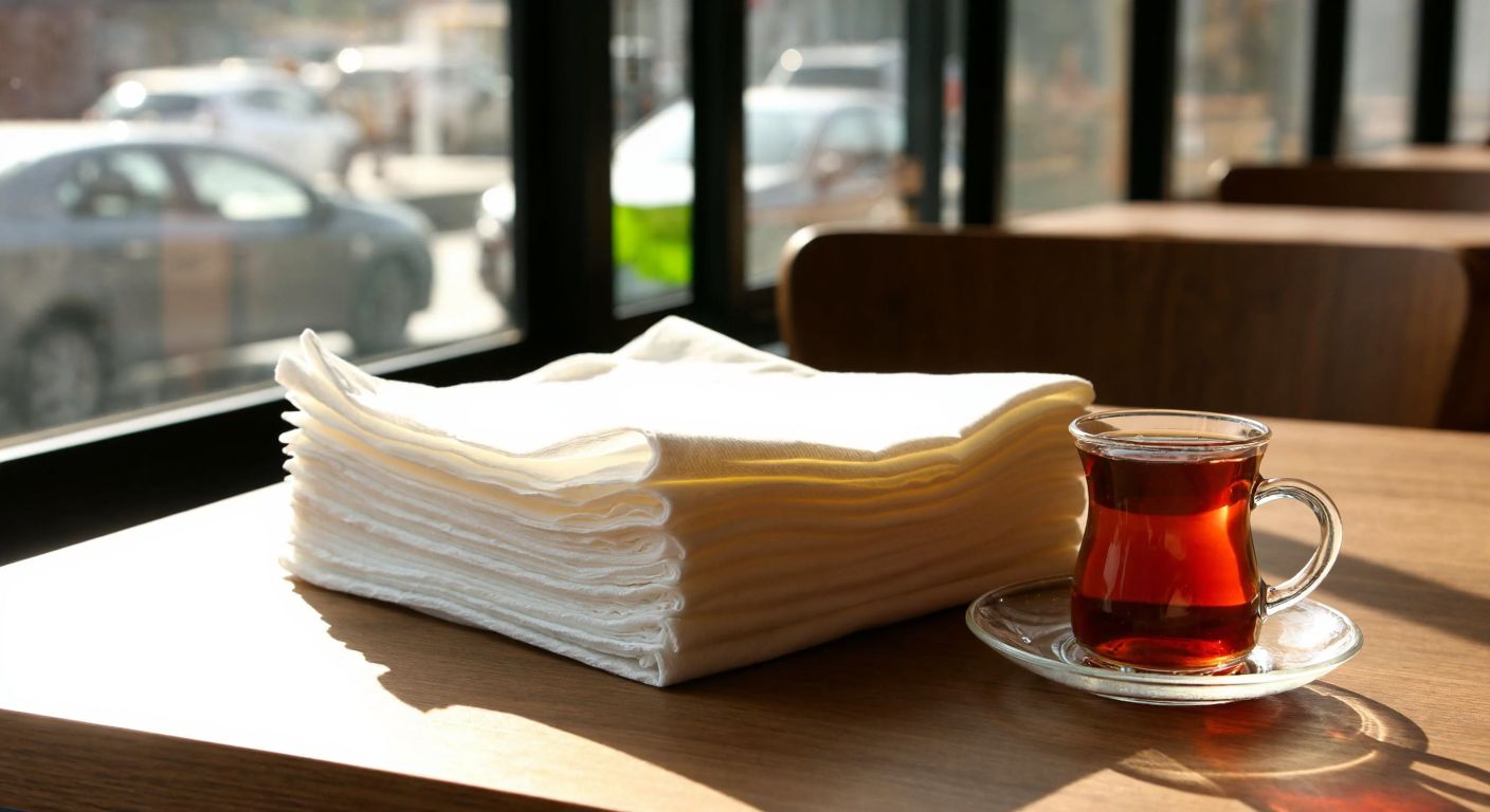 A neatly folded stack of soft, white Ake paper napkins placed on a wooden table in a cozy Turkish café, with sunlight streaming through the window and a steaming cup of Turkish tea beside them.