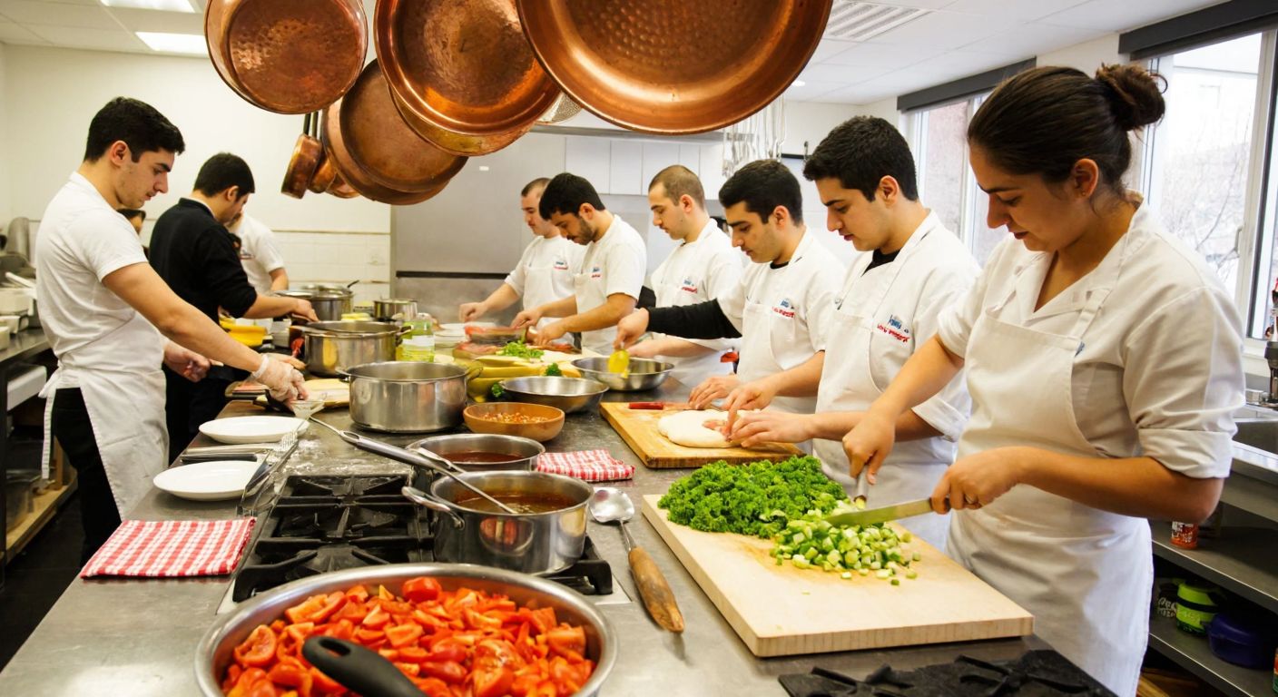 A bustling Turkish culinary workshop with students in white aprons chopping fresh vegetables, stirring pots of simmering sauces, and shaping dough under the warm glow of hanging copper pans.