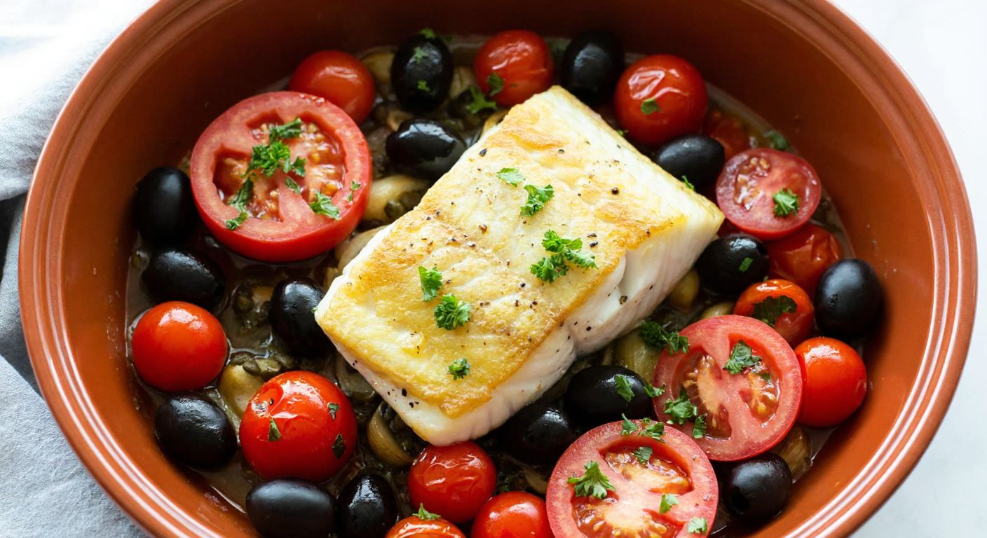 A golden-brown cod fillet sizzling in a terracotta baking dish, surrounded by vibrant cherry tomatoes, black olives, and capers, with a drizzle of olive oil and fresh parsley sprinkled on top, evoking Mediterranean flavors.