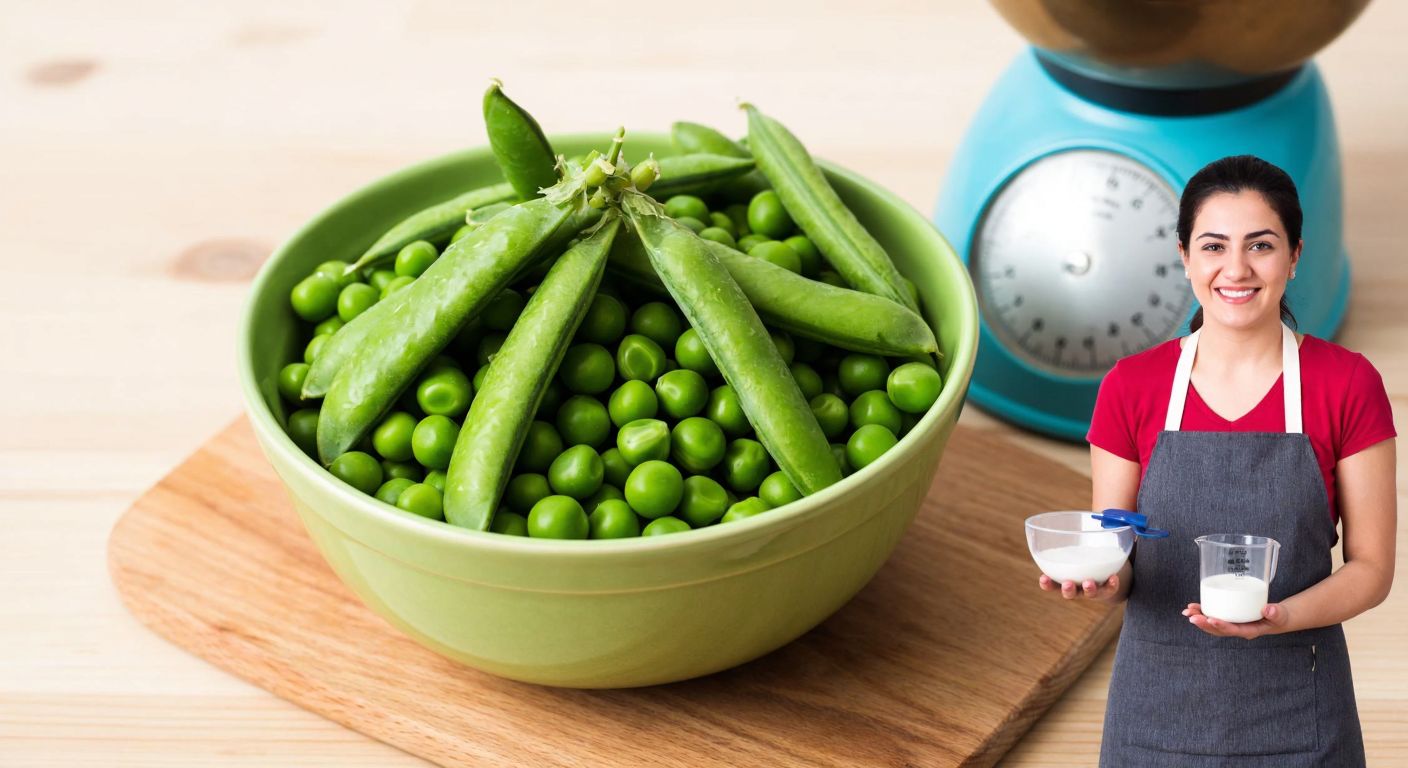 A vibrant bowl of fresh green peas placed on a wooden table beside a small kitchen scale, with a smiling Turkish woman in a casual apron holding a measuring cup nearby.