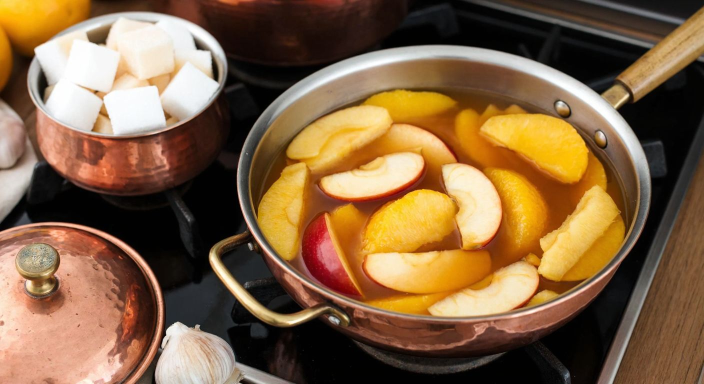 A rustic Turkish kitchen with a copper pot simmering on a stove, filled with sliced apples and oranges in a golden syrup, surrounded by fresh ingredients like sugar cubes and a bowl of peeled fruit, evoking warmth and homemade comfort.