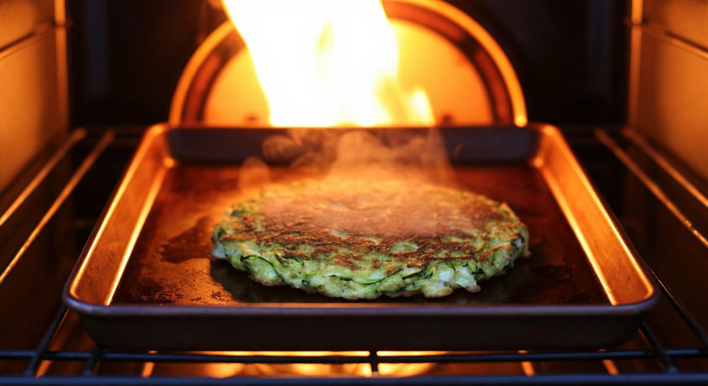 A golden-brown mücver (zucchini fritter) resting on a rustic baking tray inside a warm, glowing oven, with steam rising gently from its crispy edges.